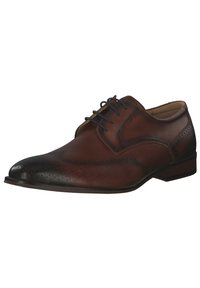 Brown leather dress shoe featuring a pointed toe, perforated detailing, and blue laces. Smooth finish with a subtle shine, lightweight sole.