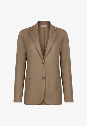 Jasnobrązowa, dopasowana marynarka na dwa guziki, z klapami z wcięciem, długimi rękawami oraz przednimi kieszeniami z rozcięciem.