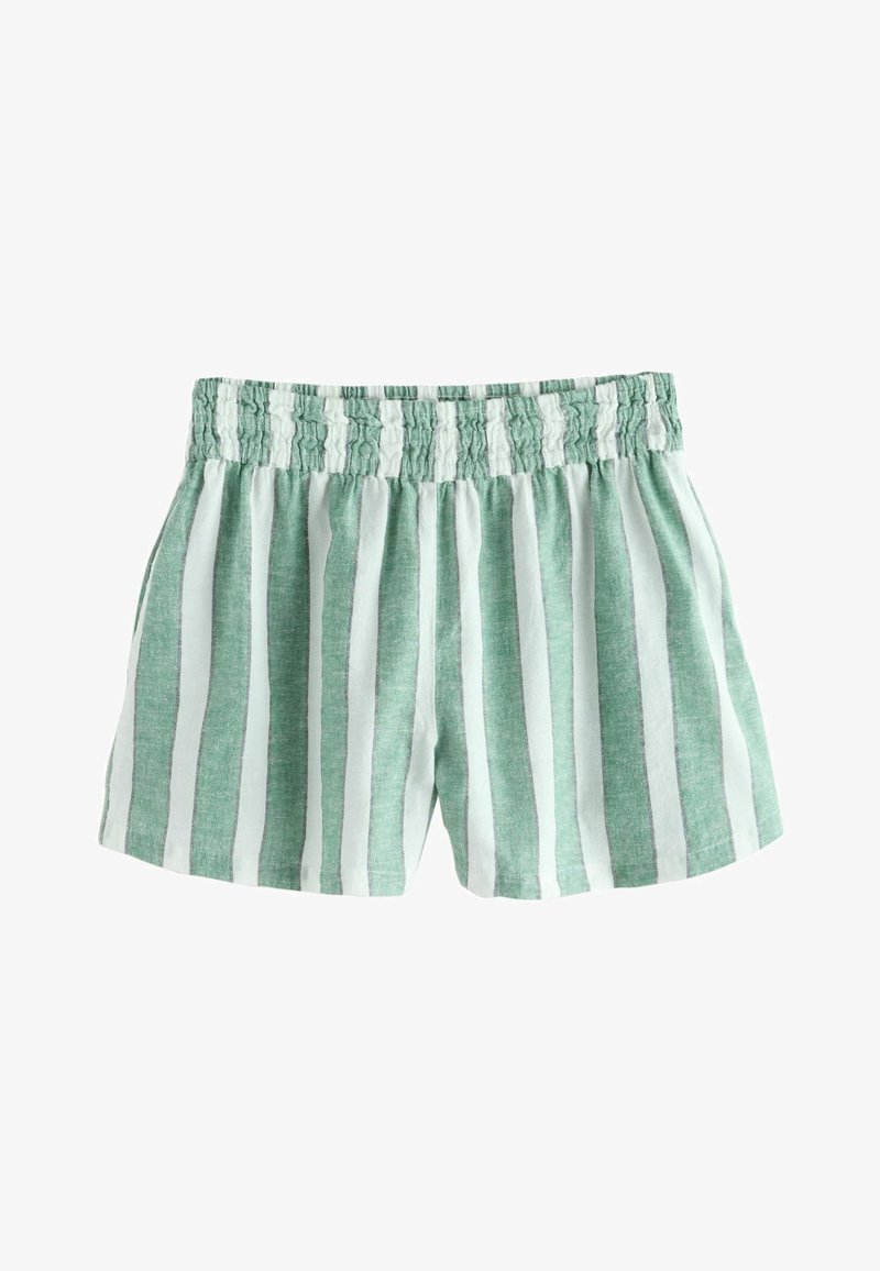 Zaļi un balti svītraini šorti, izgatavoti no viegla auduma, ar smockota jostasviru un brīvu piegriezumu.
