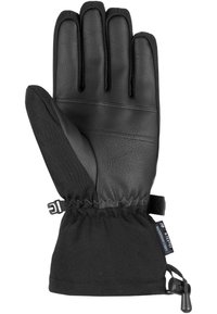 Black gloves featuring a leather palm and fingers, with a textile back and elastic cuff. Includes an adjustable drawstring for a secure fit.