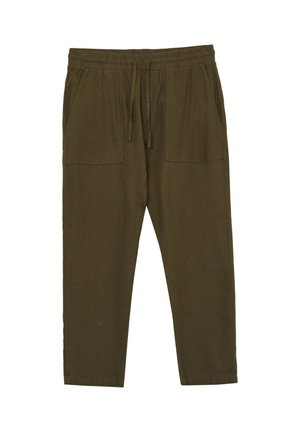 Pantaloni casual verde oliva con cintura elastica, lacci e due tasche anteriori a toppa, mostrati distesi su sfondo bianco.