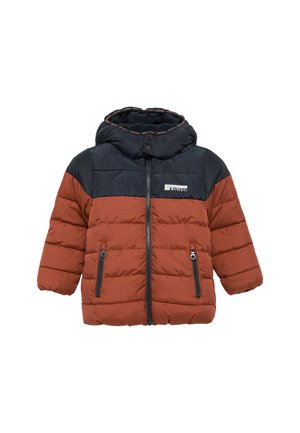 Padded Jacke mit navyblauem Oberteil und rostfarbenem unteren Abschnitt, ausgestattet mit Kapuze, Frontreißverschluss und zwei seitlichen Reißverschlusstaschen.