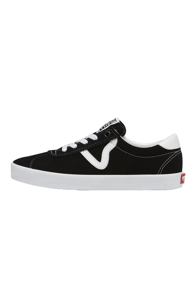 Black sneaker made of suede with white rubber sole. Features white stitching and side logo. Laces are white, with a padded collar for comfort.