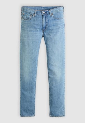 Lyseblå jeans i denim med rette ben, fem lommer, knappestolpe og subtil falming på stoffet.