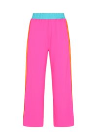 Roze sweatpants met een turquoise elastische tailleband en oranje zijstrepen. Gemaakt van zachte stof en heeft een brede, ontspannen pasvorm.