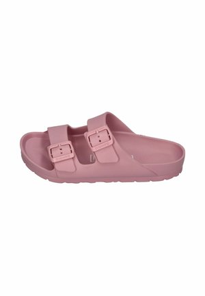 Pink slip-on sandal with two adjustable buckled straps and textured sole for grip, designed for casual wear.
