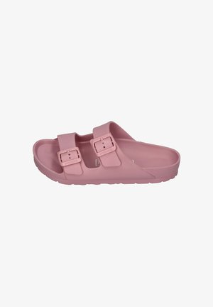 Pink slip-on sandal with two adjustable buckled straps and textured sole for grip, designed for casual wear.
