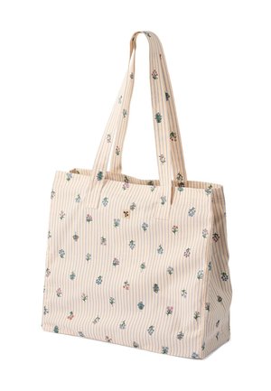Beige totebag met dunne verticale blauwe strepen en kleine kleurrijke bloemenpatronen, voorzien van twee lange handvatten om te dragen.