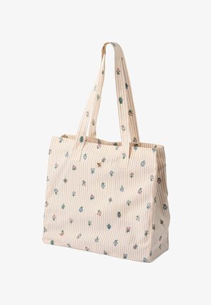 Sac fourre-tout beige avec de fines rayures verticales bleues et petits motifs floraux colorés, doté de deux longues poignées pour le transport.