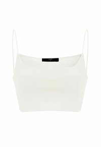 Witte cropped tanktop met dunne bandjes, gladde stof, rechthoekige halslijn en een label met maat S. Geen patronen of hardware.