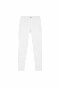 Jeans skinnies de denim blanco con cierre de cremallera y botón, cinco bolsillos y detalles de costura mínimos. Textura suave y diseño ajustado.