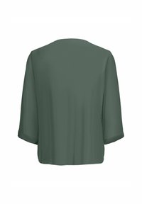 Kortemouwen, cropped top in donkergroen stof met een gladde textuur; heeft een ronde halslijn en opgerolde mouwen.