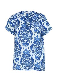 Blauw-witte blouse met korte mouwen, ronde hals en subtiele plooitjes. Heeft bloemmotieven en fijne borduursels.