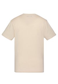 Camiseta de algodón beige con mangas cortas, un cuello redondeado y una textura suave. Sin patrones ni acentos visibles en la parte posterior.