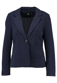 Námořnický modrý blazer s jednobarevným zapínáním, klopovými límci, dvěma předními kapsami a hladkým povrchem. Má přiléhavý střih.