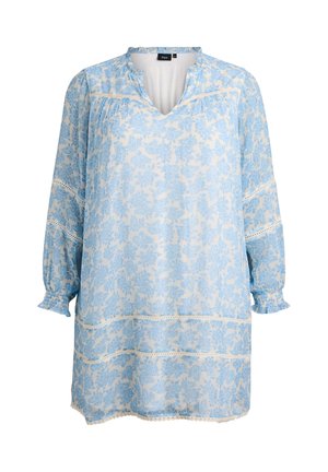 Abito floreale azzurro chiaro con maniche lunghe, caratterizzato da scollo a V, dettagli in pizzo e silhouette ampia. Realizzato in tessuto morbido e leggero.