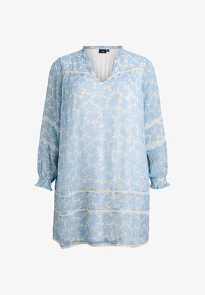 Helesinine lilledemustriga kleit pikkade varrukatega, millel on V-kaelus, pitsääre detailid ja lahtine siluett. Valmistatud pehmest, kergest kangast.