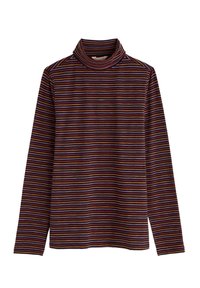 Garā piedurkņu turtleneck džemperis ar horizontālām svītrām purpura, oranžā un dzeltenā krāsā uz tumša fona; mīksts dzijas audums; brīva piegriezuma.