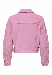 Zkrácená růžová kordová bunda s límcem, knoflíkovými detaily a strukturovaným materiálem. Má dlouhé rukávy a zadní šev.