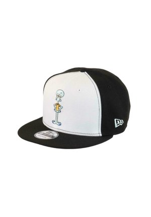 Black and white cap features a curved brim and an embroidered cartoon character on the front. Fabric appears smooth with structured design.