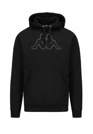 Felpa con cappuccio nera in tessuto morbido, con tasca frontale e cappuccio con coulisse. Grande logo a rilievo sul petto. Polsini e orlo a costine.