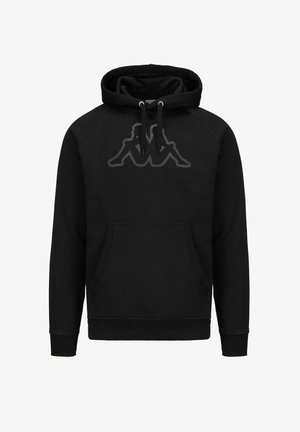 Felpa con cappuccio nera in tessuto morbido, con tasca frontale e cappuccio con coulisse. Grande logo a rilievo sul petto. Polsini e orlo a costine.