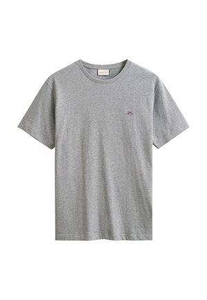 T-shirt grigio in cotone con scollo rotondo, maniche corte e un piccolo logo ricamato sul petto. Tessuto morbido con vestibilità comoda.