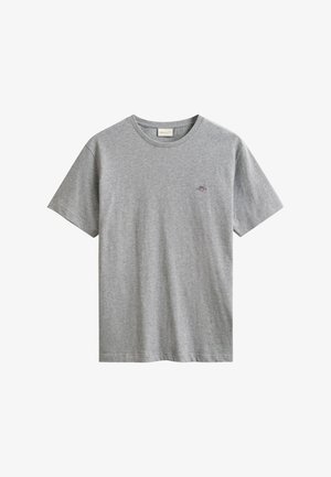 T-shirt grigio in cotone con scollo rotondo, maniche corte e un piccolo logo ricamato sul petto. Tessuto morbido con vestibilità comoda.
