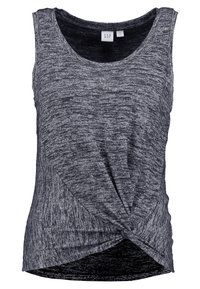 Šedý melírovaný top bez rukávů s kulatým výstřihem, lehkým materiálem a detailním uzlem v pase pro přiléhavý siluetu.