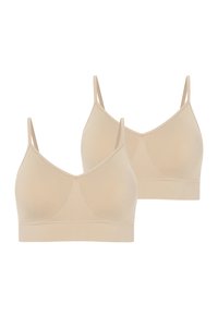 To beige, sømløse bh'er med justerbare tynde stropper, en v-udskæring og en glat tekstur, designet til komfort og støtte.