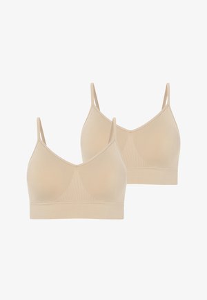 Zwei beige nahtlose BHs mit verstellbaren dünnen Trägern, V-Ausschnitt und glatter Oberfläche, entworfen für Komfort und Halt.