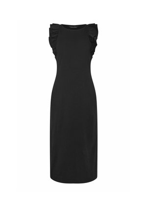 Vestito midi nero senza maniche con scollo rotondo e dettagli arricciati sulle spalle, silhouette aderente e orlo dritto.