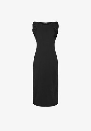 Vestito midi nero senza maniche con scollo rotondo e dettagli arricciati sulle spalle, silhouette aderente e orlo dritto.