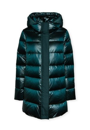 Giacca puffa in verde scuro, con finitura lucida, cuciture orizzontali, cappuccio e una cerniera centrale che si estende per tutta la lunghezza.