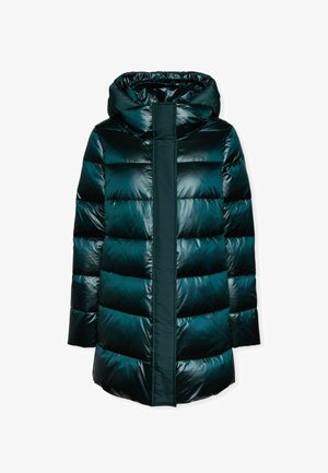 Kurtka puchowa w ciemnym odcieniu teal, z błyszczącym wykończeniem, poziomym pikowaniem, kapturem oraz centralnym zamkiem błyskawicznym sięgającym długości całej kurtki.