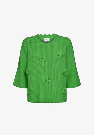 Pull en maille vert avec encolure festonnée et sept applications de fleurs 3D réparties sur le devant et les manches.