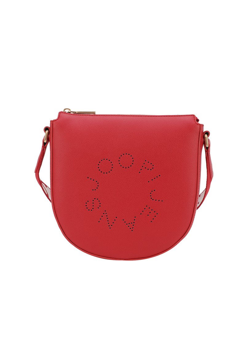 Borsa a tracolla in ecopelle rossa con forma arrotondata, chiusura a zip e design del logo perforato sul fronte. Include una tracolla regolabile.