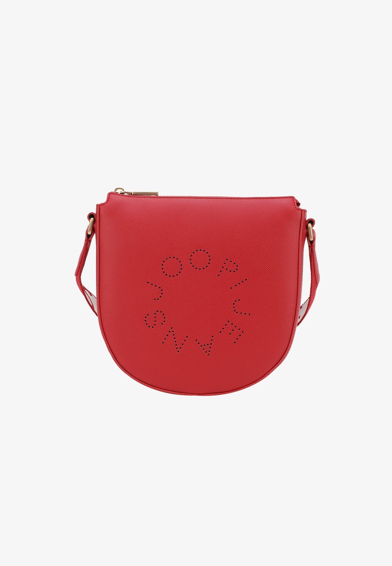 Borsa a tracolla in ecopelle rossa con forma arrotondata, chiusura a zip e design del logo perforato sul fronte. Include una tracolla regolabile.