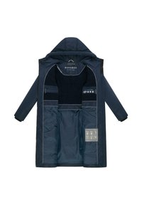 Marineblauwe geïsoleerde jas met capuchon, voorzien van een zachte fleece voering, meerdere binnenzakken en verzorgingsinstructies labels aan de binnenkant.