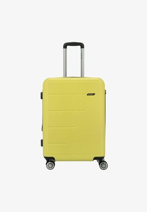 Valigia rigida gialla con una texture liscia, progettata con scanalature orizzontali, dettagli neri, manico telescopico e quattro ruote piroettanti.
