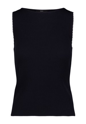 Ærmeløs sort ribstrikket top med rund halsudskæring og bølgede kanter ved ærmegab.
