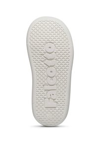 Semelle de chaussure en caoutchouc blanc avec un motif de grip texturé, arborant en son centre la marque "Falcotto" en relief. Forme de bout rond.