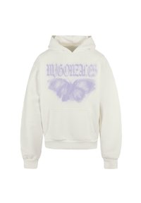 Hvid bomulds hoodie med en frontlomme, ribbede manchetter og et let lilla sommerfuglegrafik med tekst ovenfor i et sløret design.