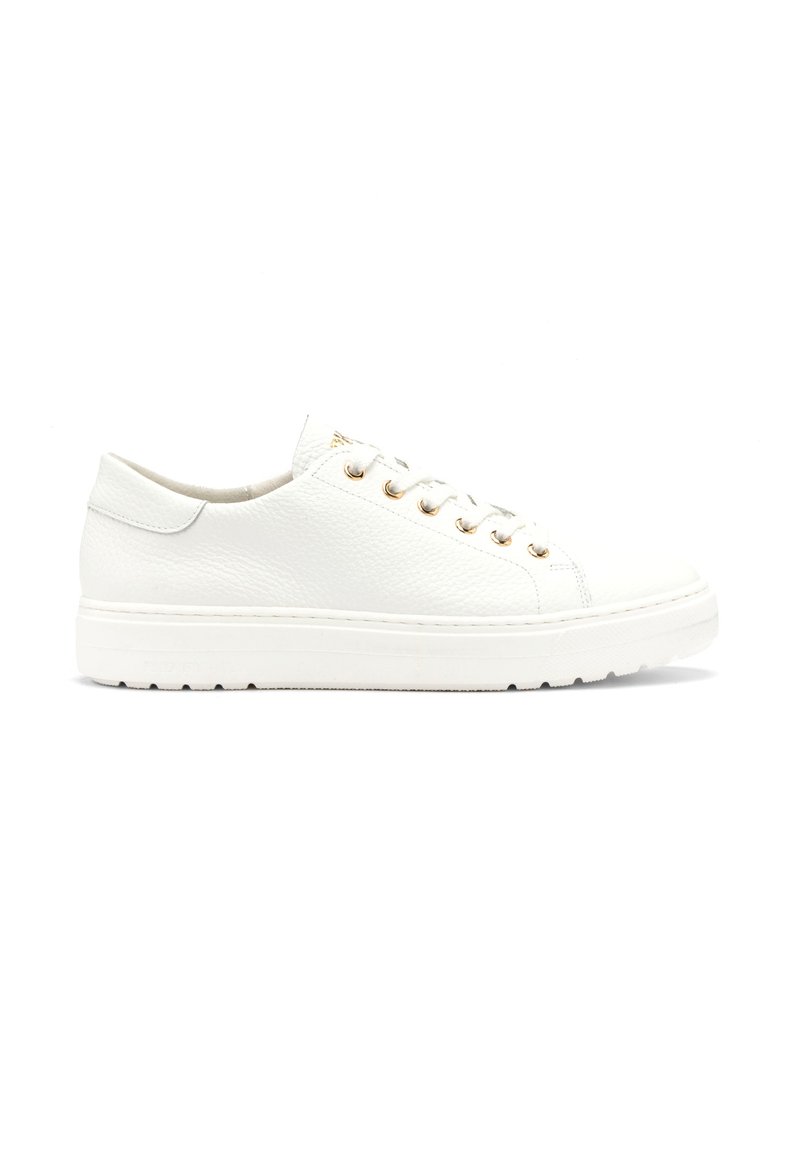 Baskets en cuir blanc avec une surface texturée, œillets en or et un design minimaliste. Elles possèdent une semelle plate en caoutchouc et un bout rond.