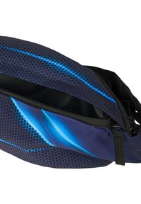 Custodia con zip blu e nera con un design a nido d'ape e accenti blu chiaro. Tessuto esterno testurizzato, fodera interna morbida.