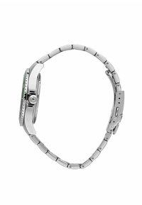 Orologio in acciaio inox argentato con quadrante verde, cassa rettangolare e bracciale a maglie. Presenta una lunetta texturizzata e una corona laterale.