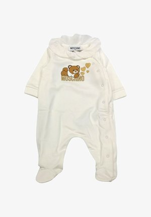 Body per neonati bianco con grafica di un orso e accenti a forma di cuore, con un colletto arricciato e bottoni a pressione sul lato per una facile vestizione.