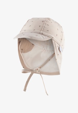 Beige Baumwollmütze mit kleinen braunen Motiven, mit einem vorderen Schirm, verstellbarem Band und einer weichen Innenschicht für Komfort.