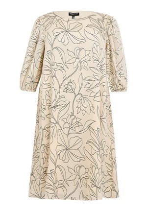 Beige jurk tot op de knie met een zwart omlijnd bloemenpatroon, een ronde halslijn en driekwartmouwen met pof-effect en elastische manchetten.