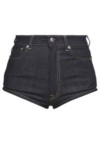 Pantalones cortos de mezclilla en azul oscuro, con una cinturilla alta, diseño de cinco bolsillos, costuras amarillas y cierre de botón metálico.